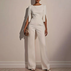 Women's Elegant Round Neck Jumpsuit - Mid-Sleeve With Side Slit Cuffs & Pearl Accents, Back Zipper Design For Casual To Formal Events - kinko