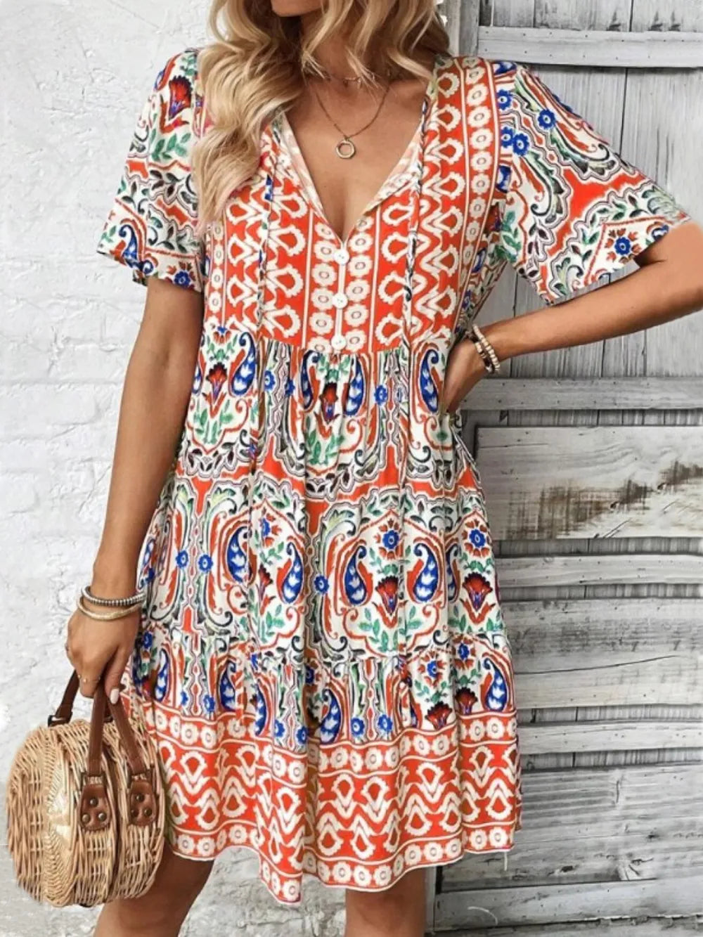 Printed Tie Neck Short Sleeve Dress - kinko