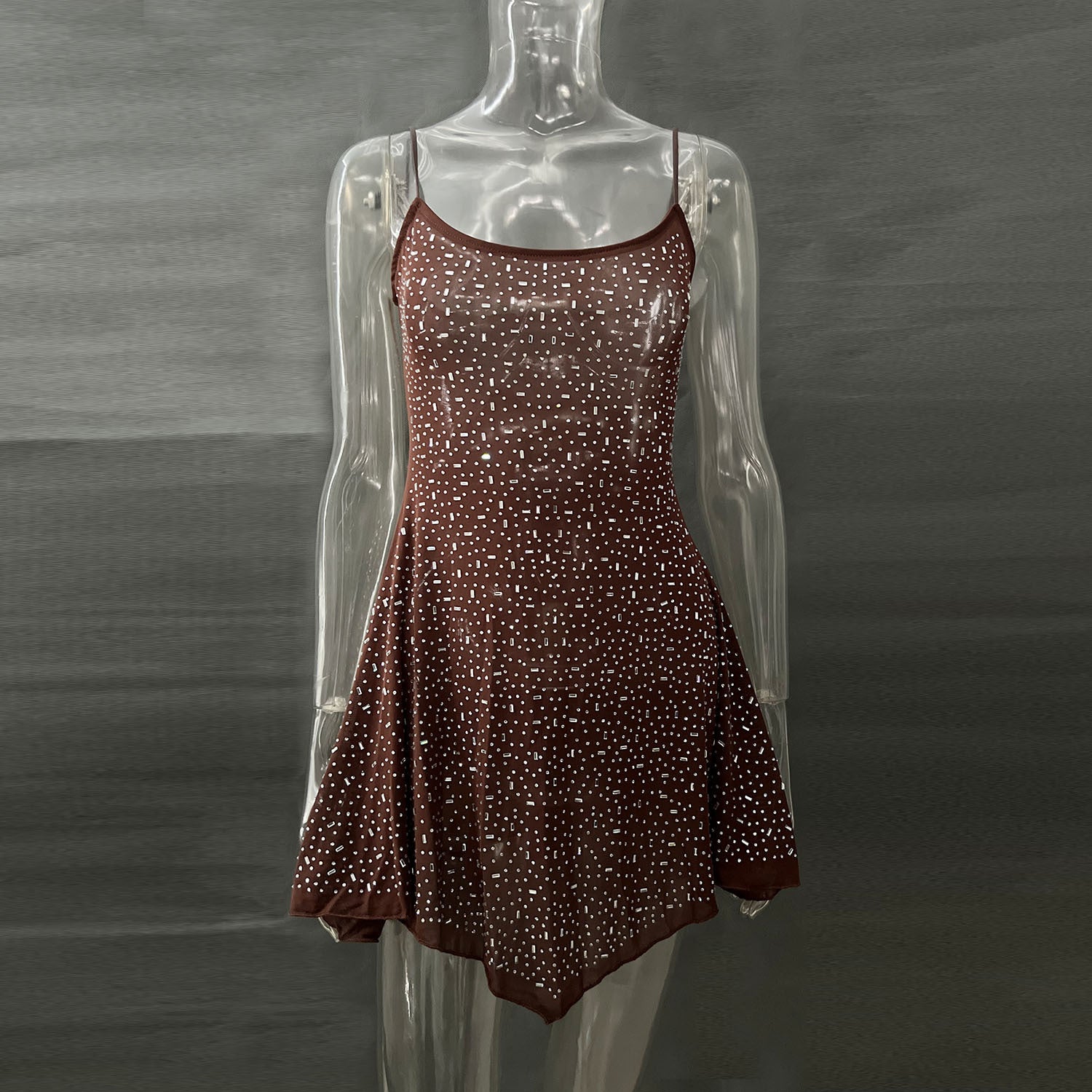 Trendy Rhinestone Sheer Party Dress - Women's Sexy Mini - kinko