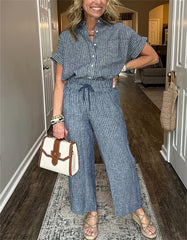 Women's Striped Suit Lapel Short Sleeve Straight Idle Style Trousers - kinko