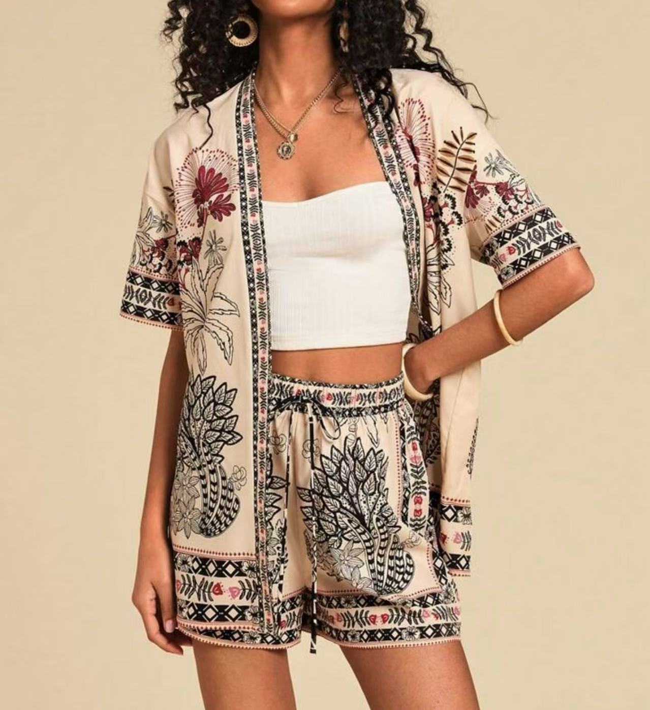 Female Fashion Casual Printing Cardigan Suit - kinko