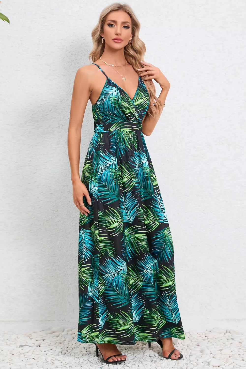 Printed Surplice Maxi Cami Dress - kinko