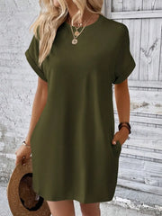 Pocketed Round Neck Short Sleeve Dress - kinko