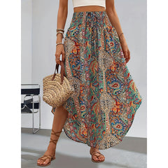 Women's High Elastic Waist Midi Skirt Casual Summer Trendy Tie Front Flowy Floral Print Beach Long Skirt - kinko