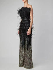 Ostrich Feather Gradient Sequin Tube Top Jumpsuit - kinko
