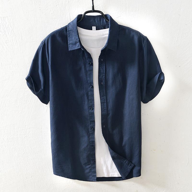 Casual Cotton And Linen Short Sleeve Shirt Men - kinko