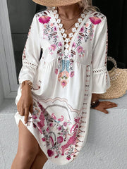 Lace Detail Printed Three-Quarter Sleeve Dress - kinko