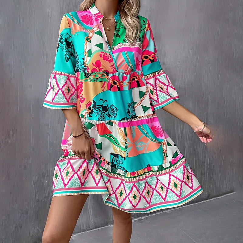 Womens Mini Dress Casual V-Neck Printed Flared Sleeve Pleated Short Beach Dresses - kinko