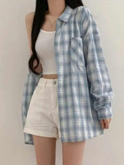 Blue Plaid Shirt For Women Loose Long Sleeve Jacket - kinko