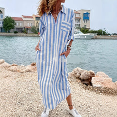 Cotton And Linen Breathable Casual Loose Striped Women's Short-sleeved Shirt - kinko