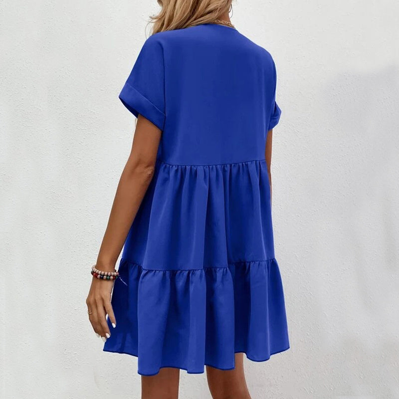 New Short-sleeved V-neck Dress Summer Casual Sweet Ruffled Dresses Solid Color Holiday Beach Dress For Womens Clothing - kinko