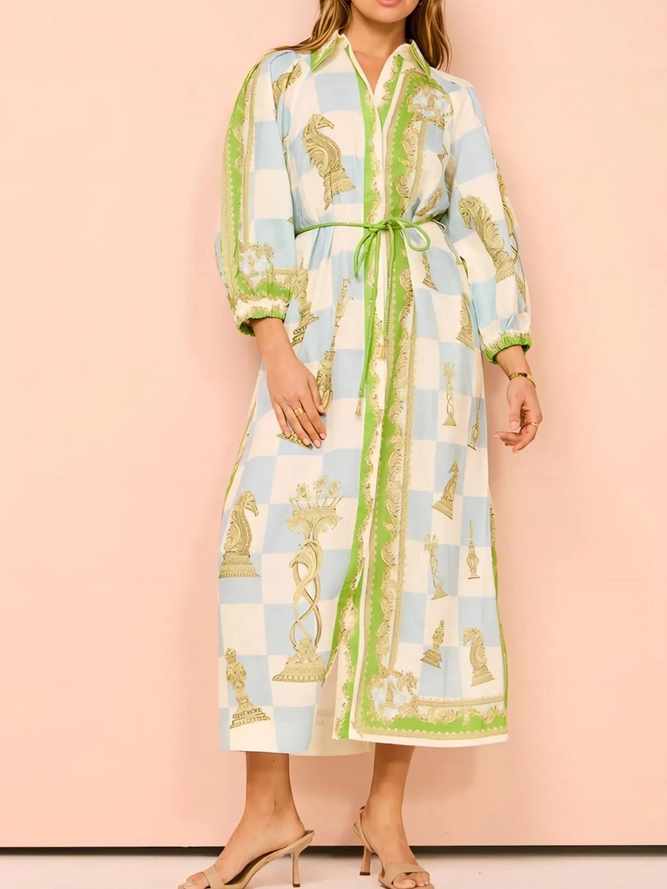 Printed Long Sleeve Longline Shirt Dress - kinko