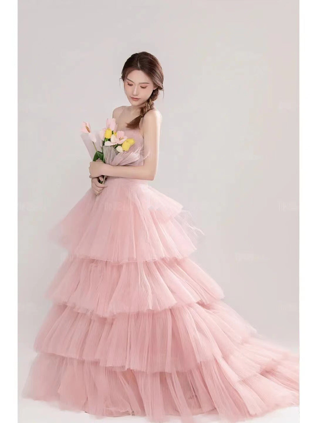 Elegant Girl's Wedding Photography Dress Pink White - kinko