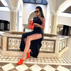 Women's Long Sleeved Hollow Slit Elastic Sloping Shoulder Dress - kinko