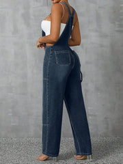 Zip Front Wide Strap Denim Overalls - kinko