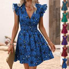 New Flowers Print Ruffled Sleeveless Dress Summer Sexy Deep V-neck Slim-waist Short Dresses For Womens Clothing - kinko