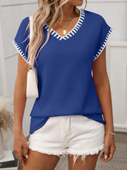 Contrast Trim V-Neck Short Sleeve Knit Top - kinko