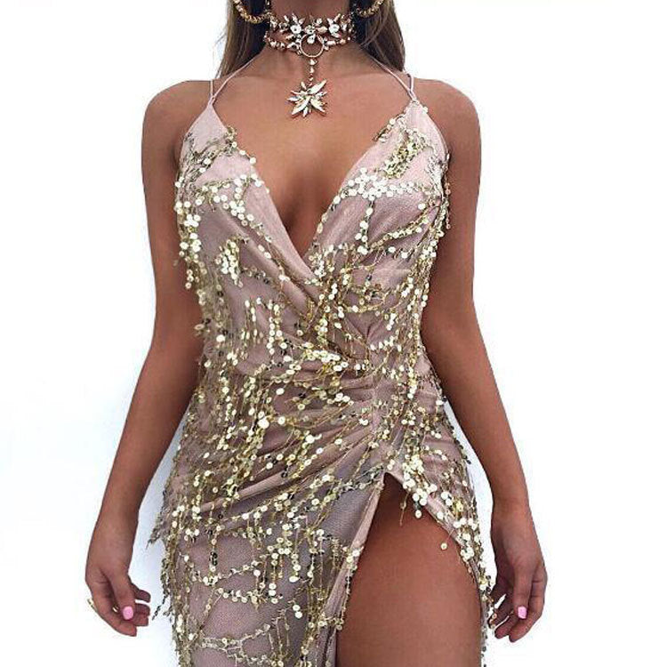 V-neck Sexy Halter Strap Sequin Dress - kinko