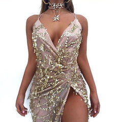 V-neck Sexy Halter Strap Sequin Dress - kinko