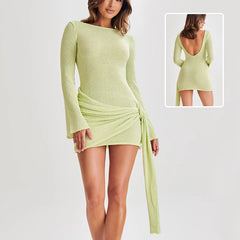Fashion Slim Long-sleeved Dress Y2K Sexy Hip-hugging V-shaped Backless Short Dresses Womens Clothing - kinko