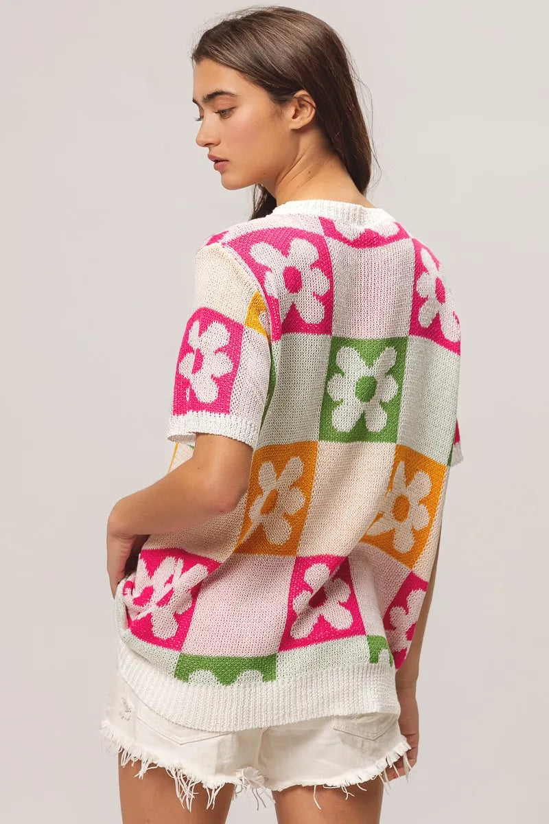 BiBi Flower Checker Pattern Lightweight Sweater Top - kinko