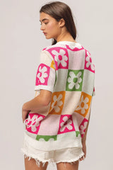 BiBi Flower Checker Pattern Lightweight Sweater Top - kinko