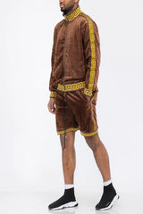 WEIV Men's Full Size Velour Zip Up Jacket and Shorts Set Plus Size - kinko