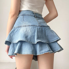 Women's Double-layer Ruffled Denim Skirt Retro Easy Matching High Waist Slimming - kinko