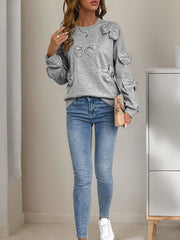 Lässiges Herbst-Sweatshirt mit Schleifenstickerei, grau, Rundhalsausschnitt