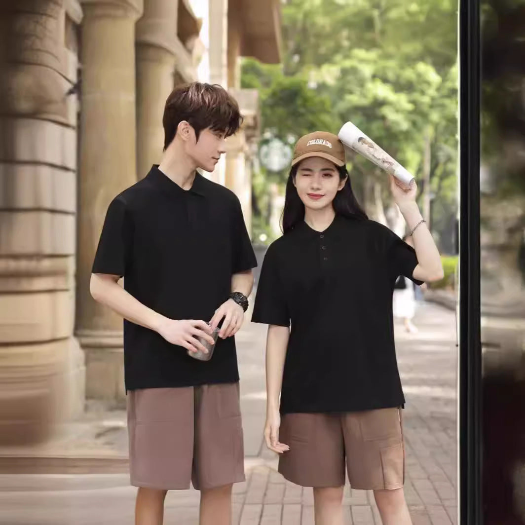 Solid Color Polo Collar Polo Shirt Hong Kong Style Loose Short Sleeve - kinko