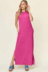 Double Take Full Size Texture Mock Neck Sleeveless Maxi Dress - kinko