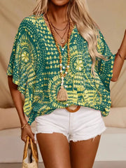 Printed V-Neck Half Sleeve Top - kinko