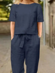 Full Size Round Neck Short Sleeve Top and Pants Set Plus Size - kinko