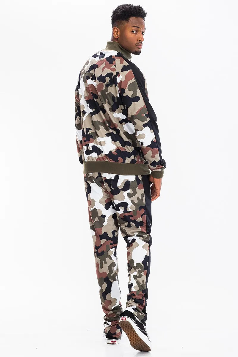 WEIV Men's Full Size Camo Side Stripe Jacket and Pant Set Plus Size - kinko