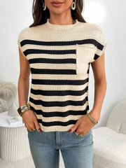 Striped Mock Neck Cap Sleeve Knit Top - kinko