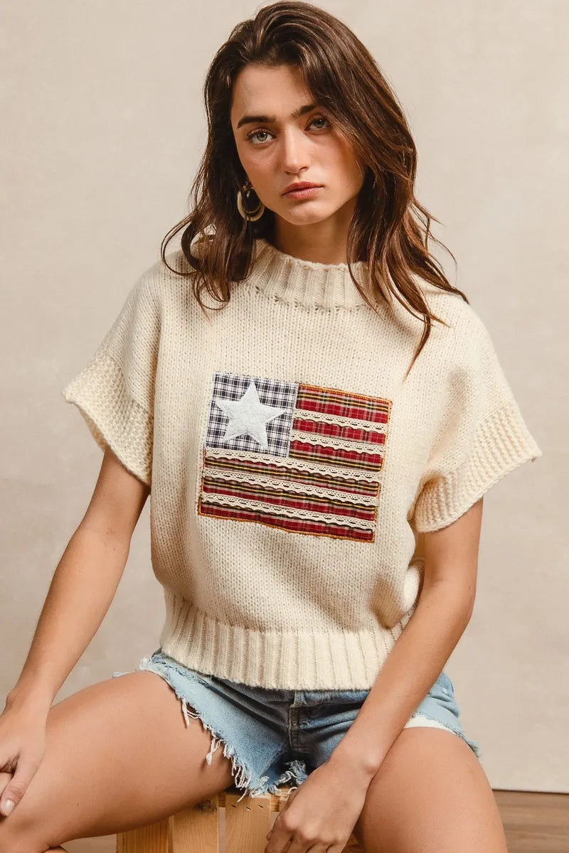 BiBi American Flag Patchwork Drop Shoulder Sweater - kinko