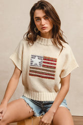 BiBi American Flag Patchwork Drop Shoulder Sweater - kinko