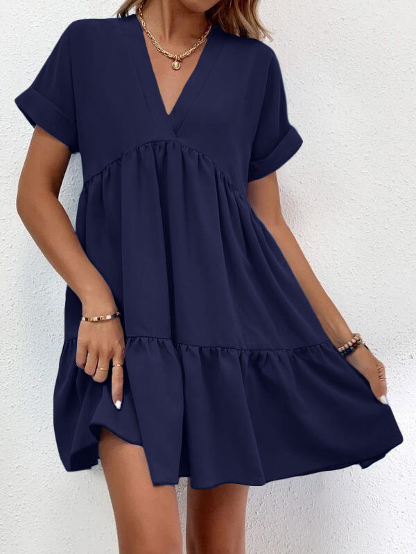 New Short-sleeved V-neck Dress Summer Casual Sweet Ruffled Dresses Solid Color Holiday Beach Dress For Womens Clothing - kinko