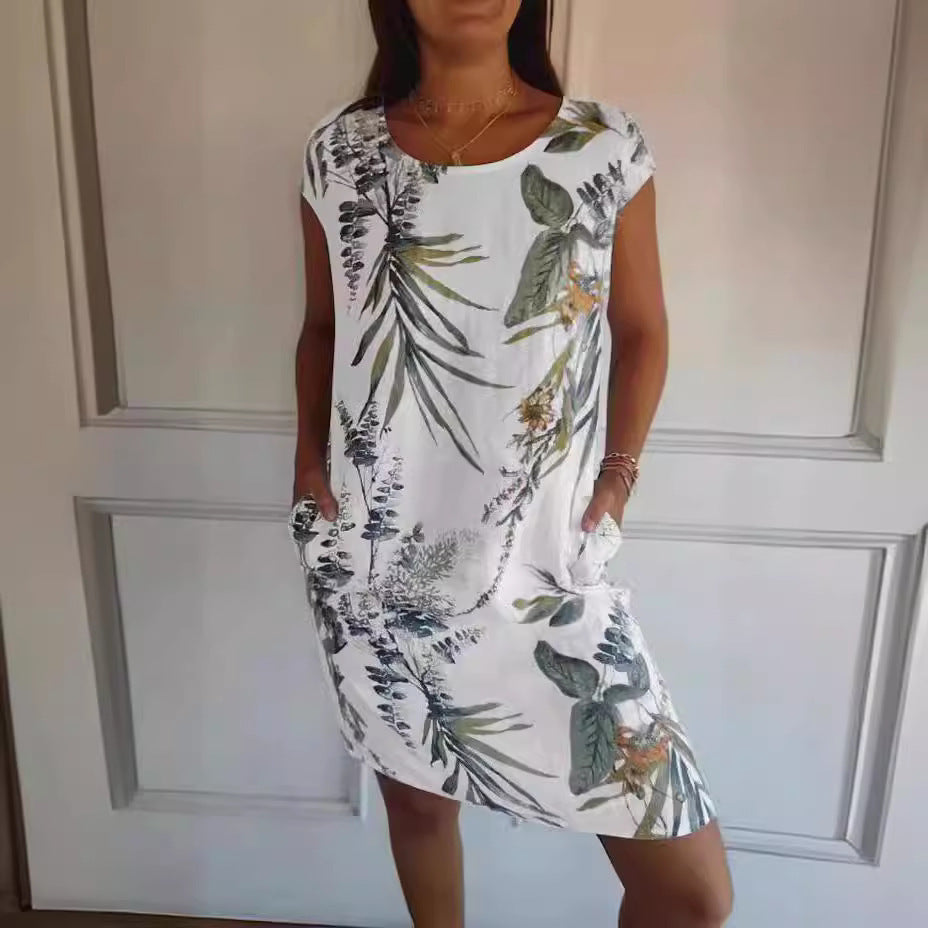 Flower And Leaf Printed Straight Dress Summer Loose Round Neck Short Sleeve Dresses Womens Clothing - kinko