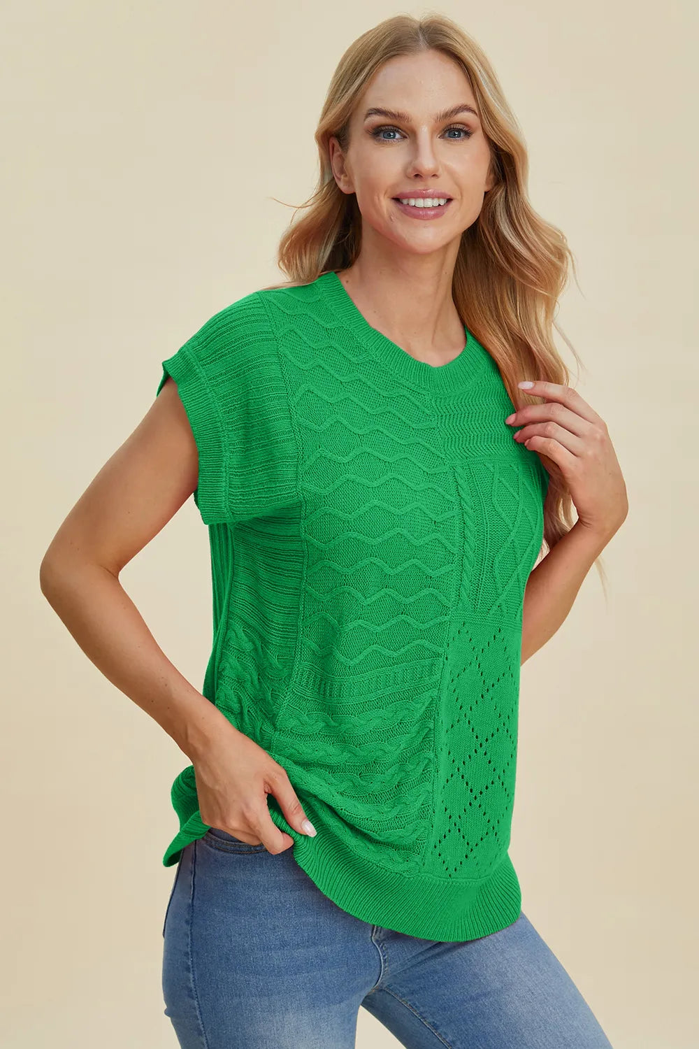 Double Take Full Size Cable-Knit Round Neck Cap Sleeve Sweater - kinko