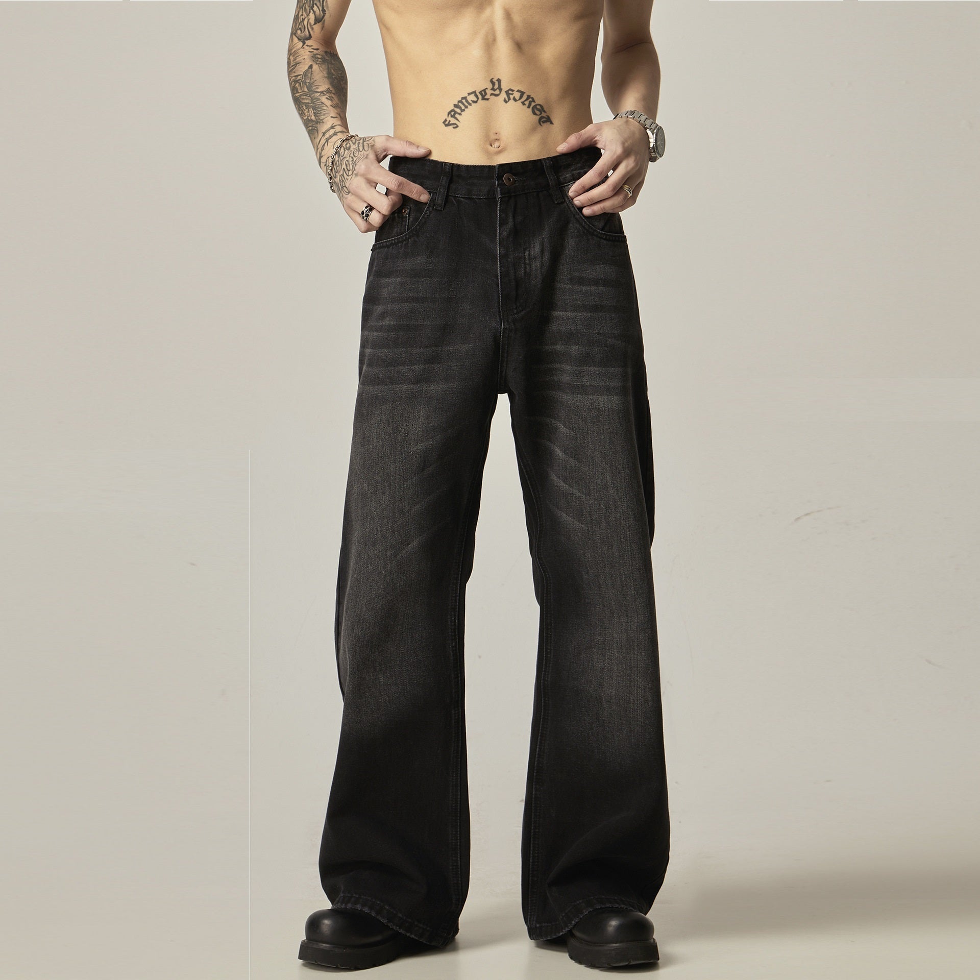 American Retro Black Loose Straight Jeans - kinko