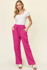 Double Take Full Size Texture Drawstring Straight Pants - kinko