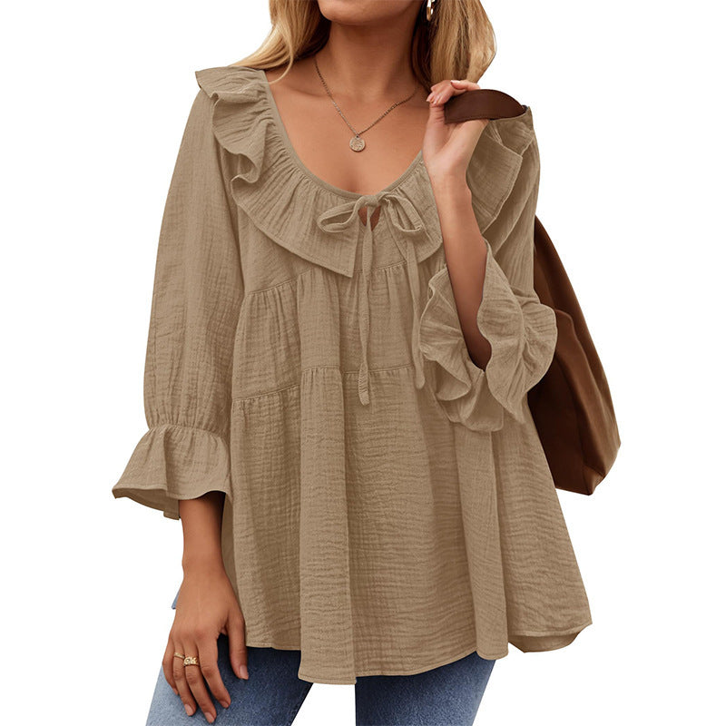 Round Neck Tied Front Dart Multi-layer Loose Waist Shirt - kinko