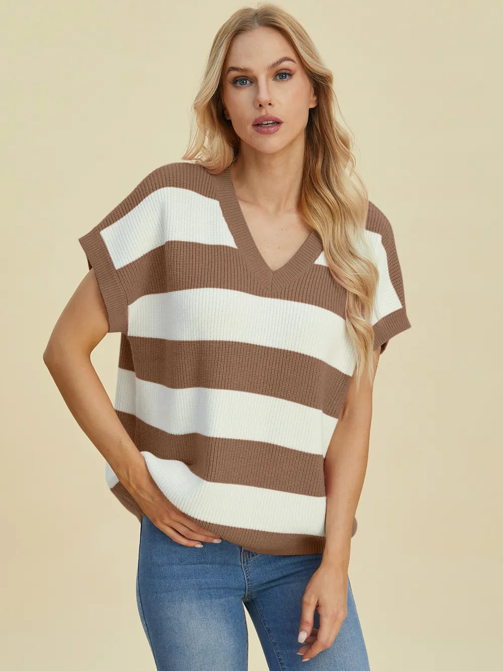 Double Take Full Size Striped V-Neck Short Sleeve Sweater - kinko