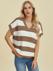 Double Take Full Size Striped V-Neck Short Sleeve Sweater - kinko