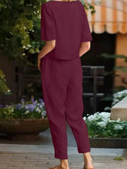 Full Size Round Neck Short Sleeve Top and Pants Set Plus Size - kinko