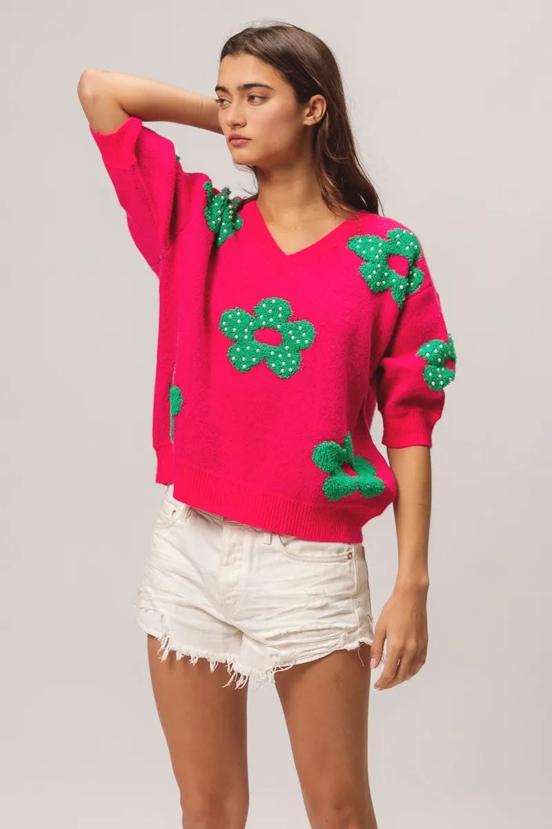 BiBi Pearl Beads Flowers Sweater Top - kinko