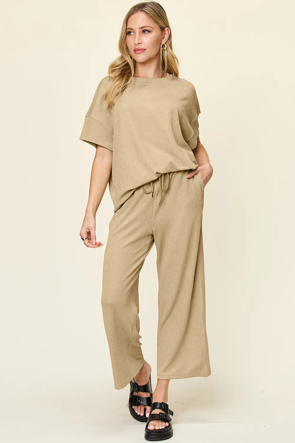 Double Take Full Size Texture Round Neck Short Sleeve T-Shirt and Wide Leg Pants - kinko