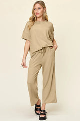 Double Take Full Size Texture Round Neck Short Sleeve T-Shirt and Wide Leg Pants - kinko
