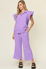 Double Take Texture Ruffle Short Sleeve Top and Drawstring Wide Leg Pants Set - kinko